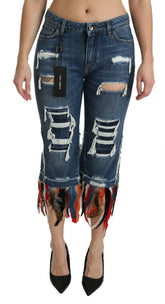 Dolce & Gabbana Blue Feathers Low Waist Cropped Cotton Jeans -   -  Dolce & Gabbana.